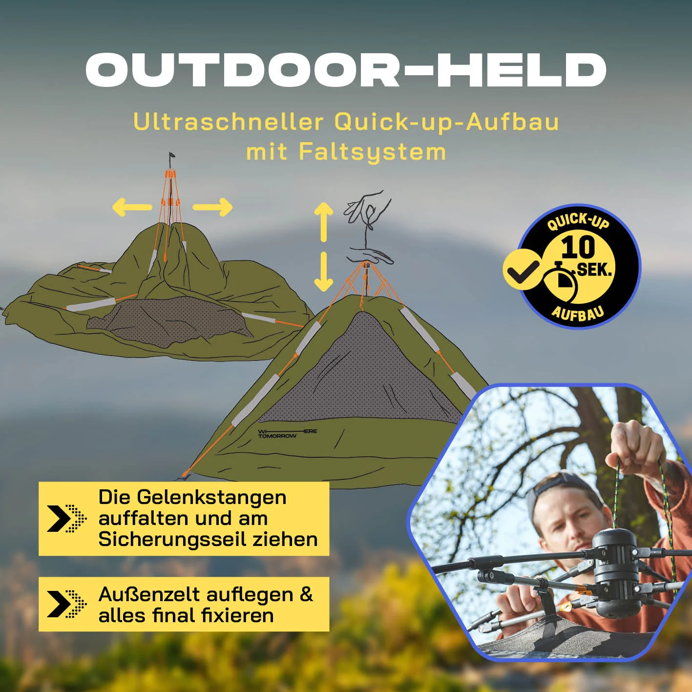 Pop Up Zelt - 3-Personen-Zelt mit Doppeltür- Wurfzelt Trekkingzelt - 210x190x110 cm - Grün - Image 4