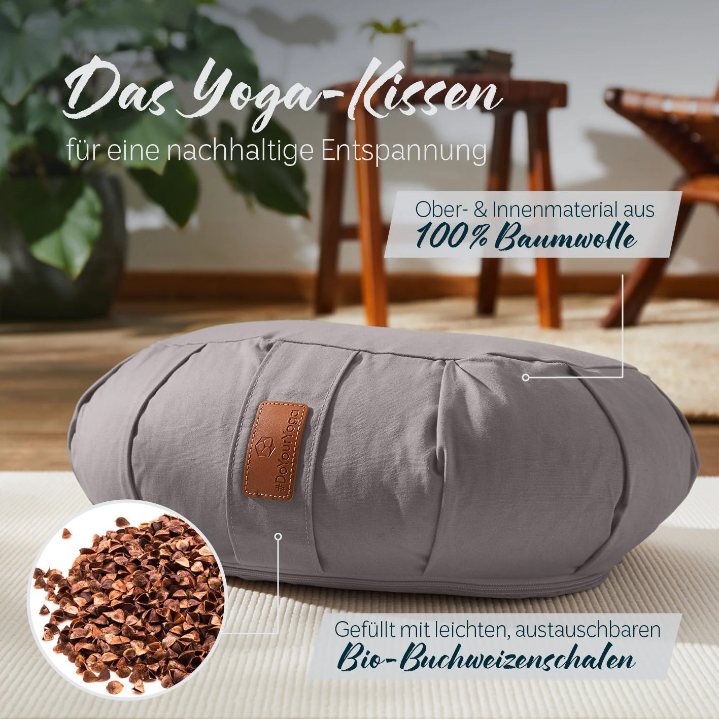 Yoga-Kissen Ganesh - gefüllt mit Bio-Buchweizenschalen - Halbmond 45 x 30 x 14 cm - Grau - Image 3