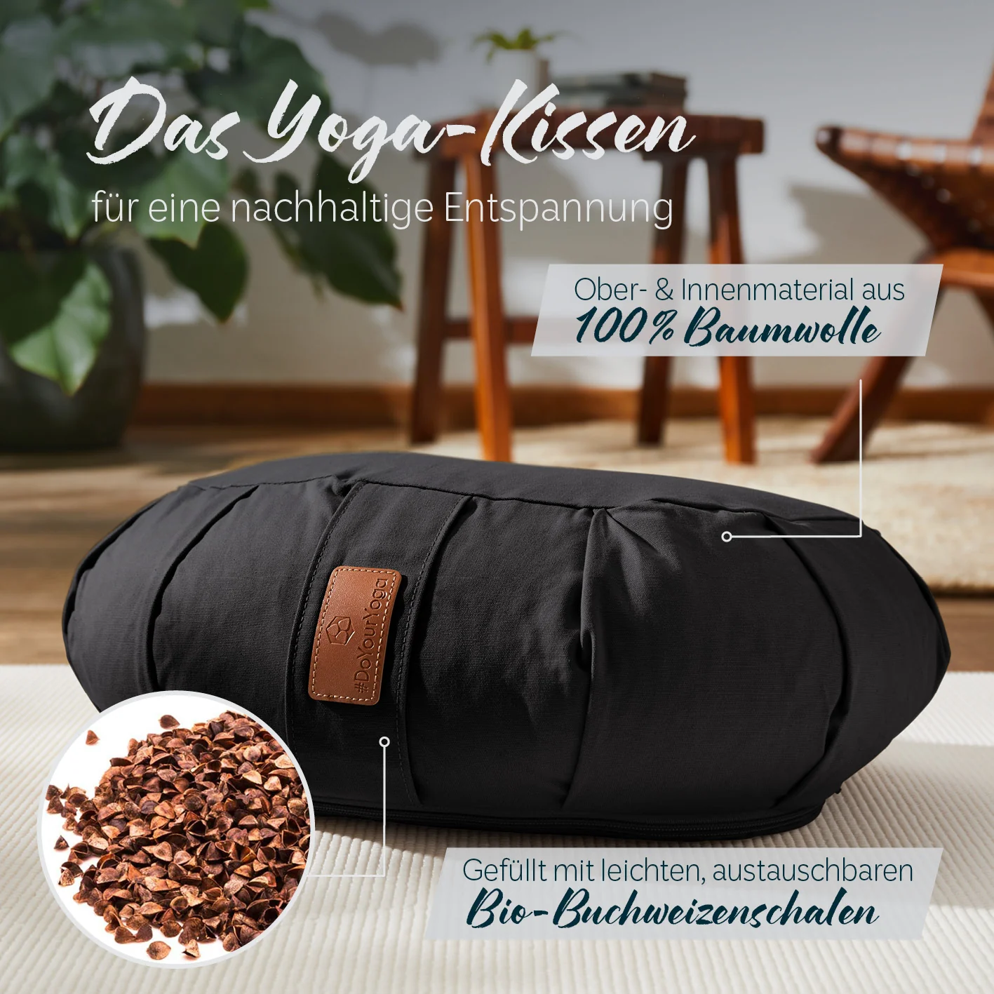 Yoga-Kissen Ganesh - gefüllt mit Bio-Buchweizenschalen - Halbmond 45 x 30 x 14 cm - Schwarz - Image 2