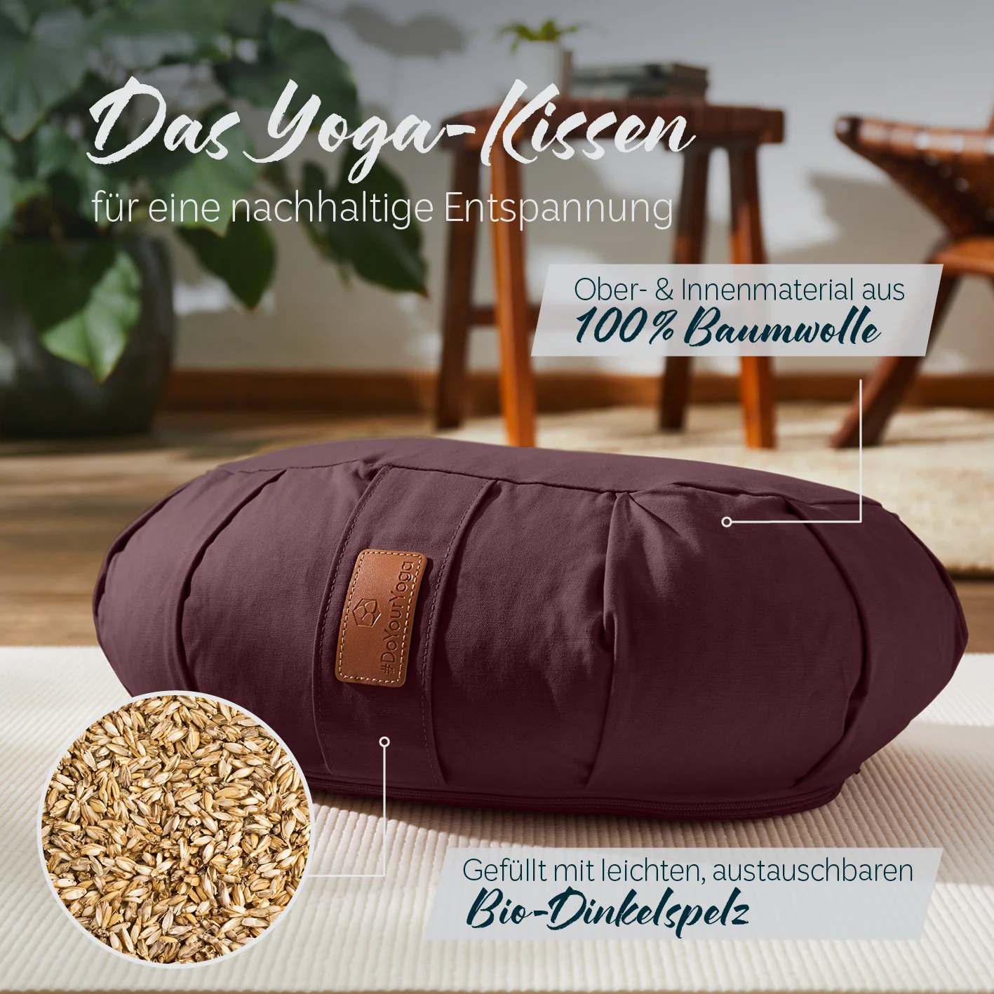 Yoga-Kissen Ganesh - gefüllt mit Bio-Dinkelspelz - Halbmond 45 x 30 x 14 cm - Braun - Image 3