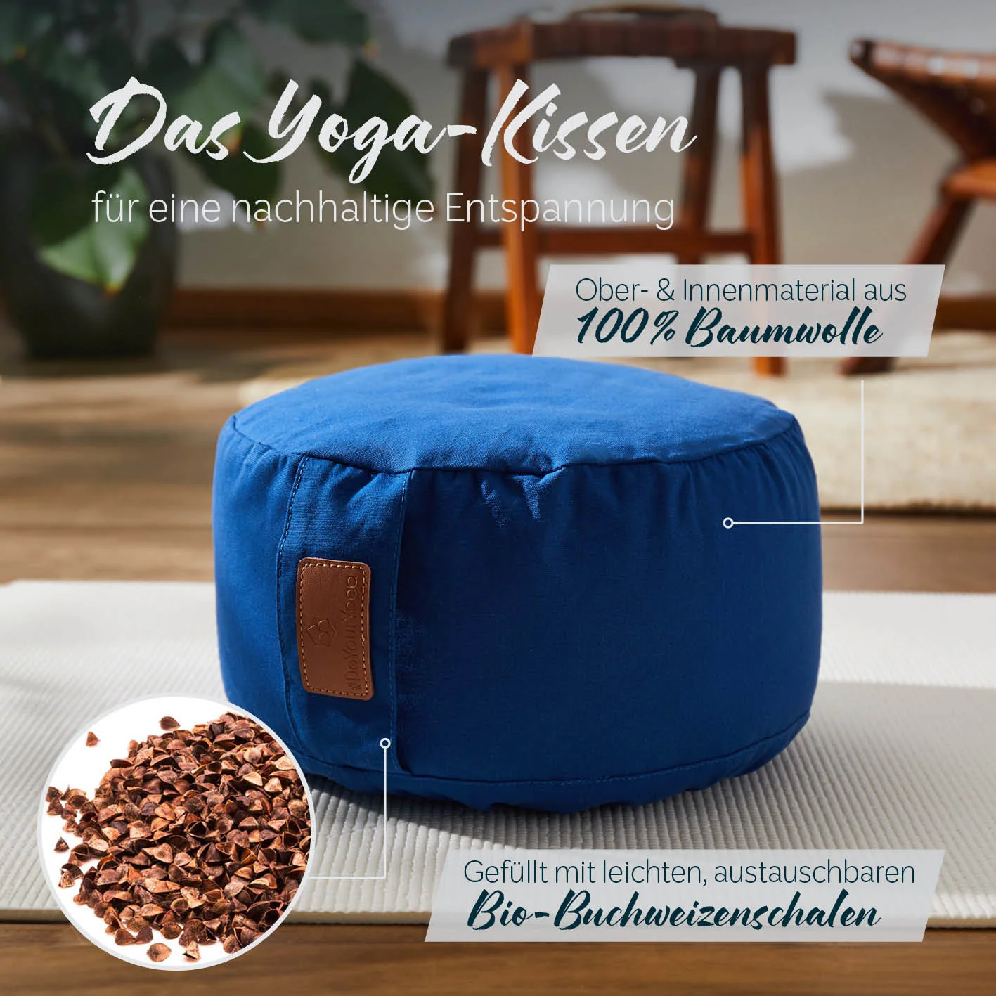 Yoga-Kissen Vishnu - gefüllt mit Bio-Buchweizenschalen - Rund 30 x 30 x 15 cm - Navyblau - Image 2