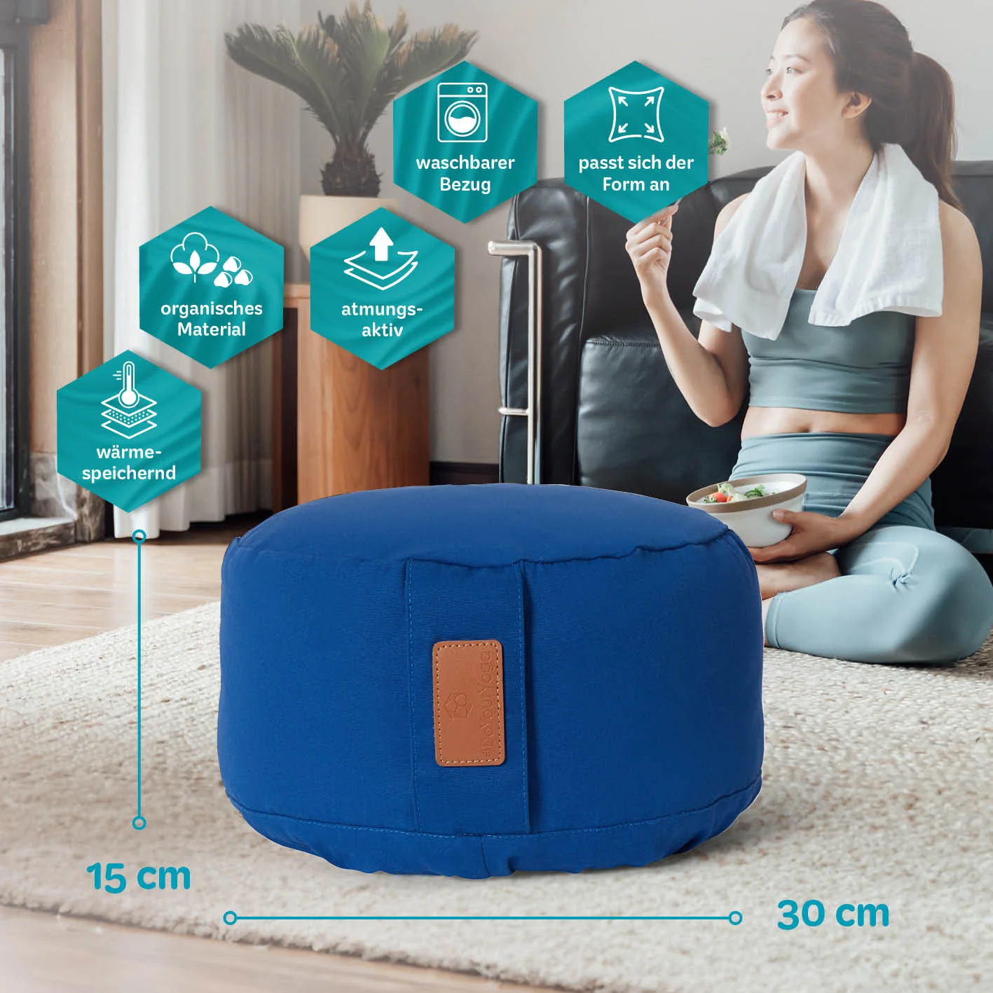 Yoga-Kissen Vishnu - gefüllt mit Bio-Buchweizenschalen - Rund 30 x 30 x 15 cm - Navyblau - Image 4