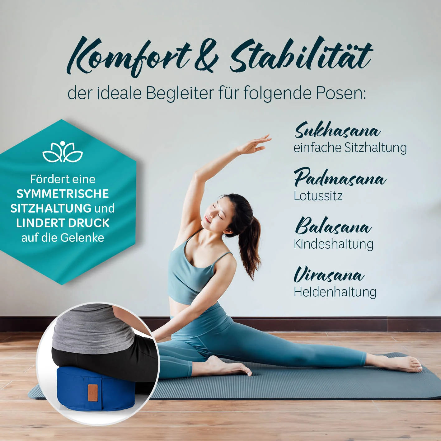 Yoga-Kissen Vishnu - gefüllt mit Bio-Buchweizenschalen - Rund 30 x 30 x 15 cm - Navyblau - Image 5