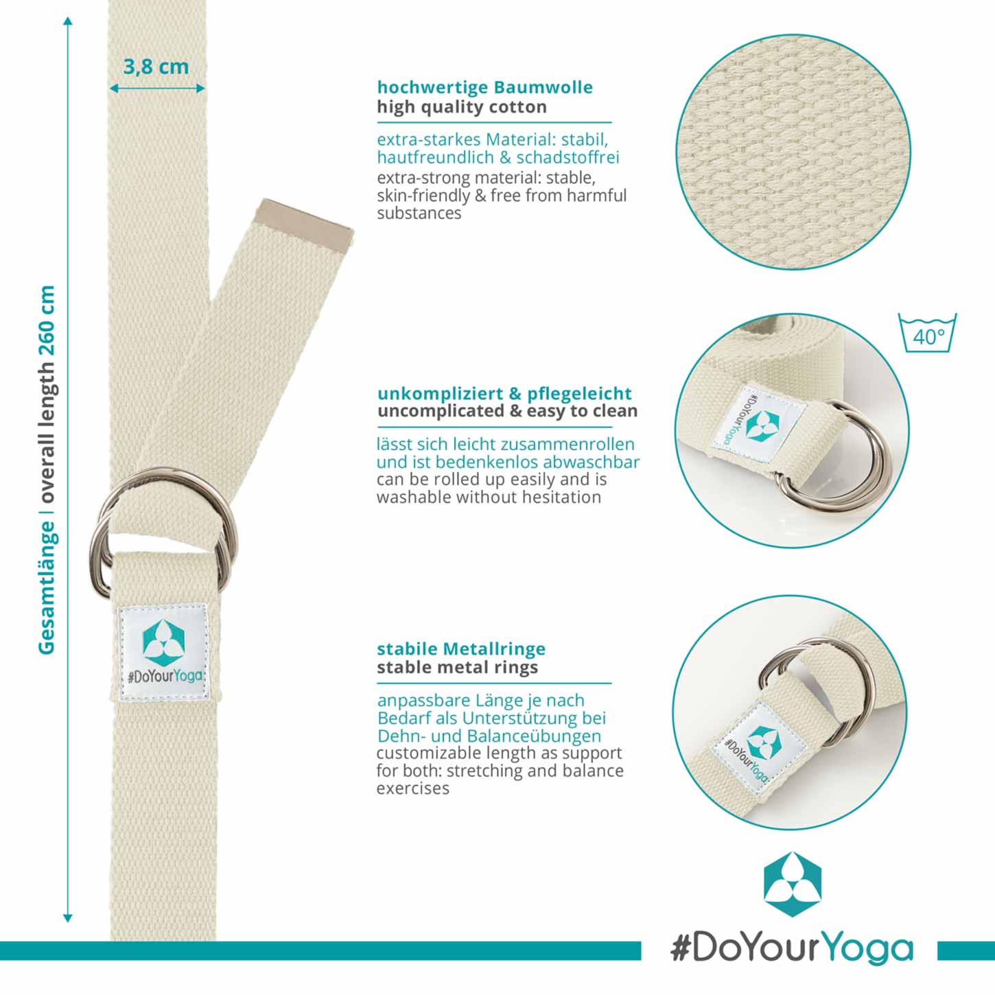 Yogagurt Madira - 100% Baumwolle - 250 x 3,8 cm - Beige - Image 5